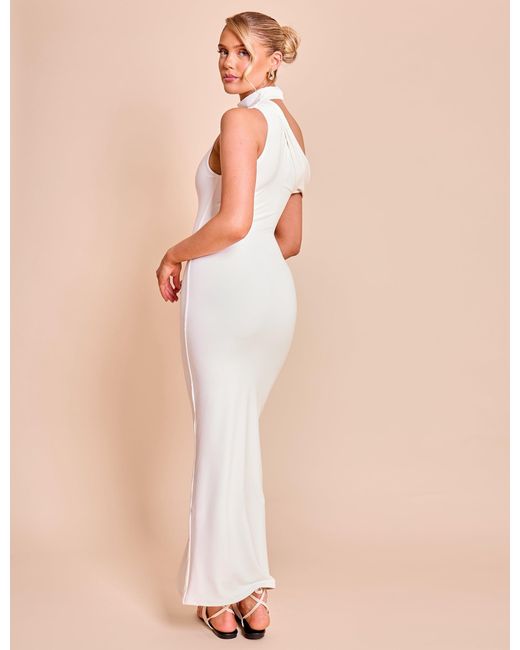 Public Desire Asymmetric One Shoulder Choker Detail Luxe Slinky Midi Dress White