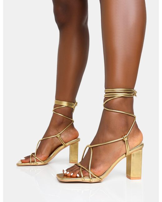 Public Desire Noor Gold Lace Up Square Toe Mid Block Heels in Brown | Lyst
