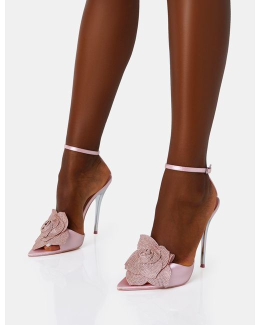 Public Desire Brown Crush Pink Satin Flower Diamante Corsage Barely There Pointed Court Stiletto Heels