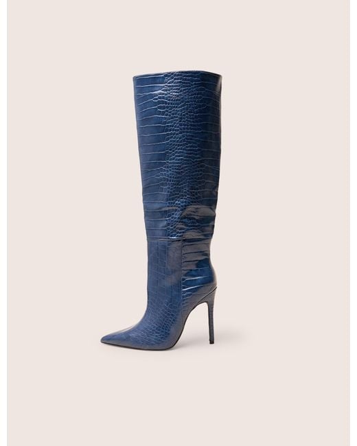 Public Desire Blue Nova Navy Croc Knee High Stiletto Boots