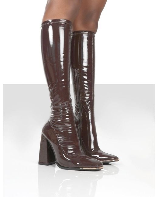 Public Desire Brown Caryn Chocolate Patent Knee High Heeled Boots