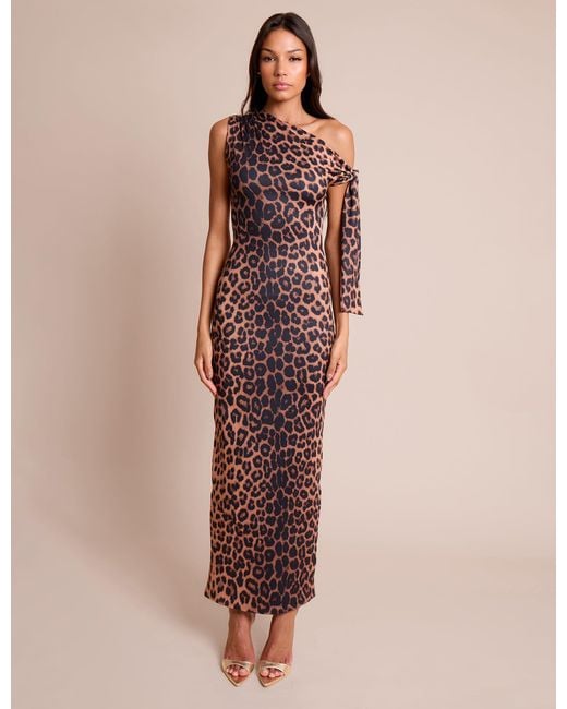 Public Desire Natural Knot Detail Asymmetric One Shoulder Luxe Slinky Maxi Dress Leopard