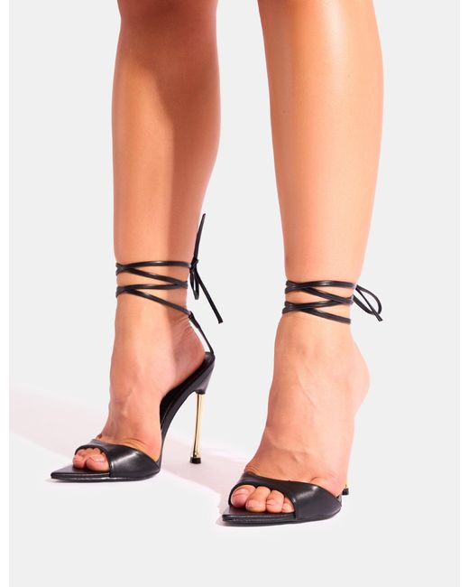 Public Desire Pink Ronnie Black Pointed Toe Lace Up Barely There Gold Stiletto Heels