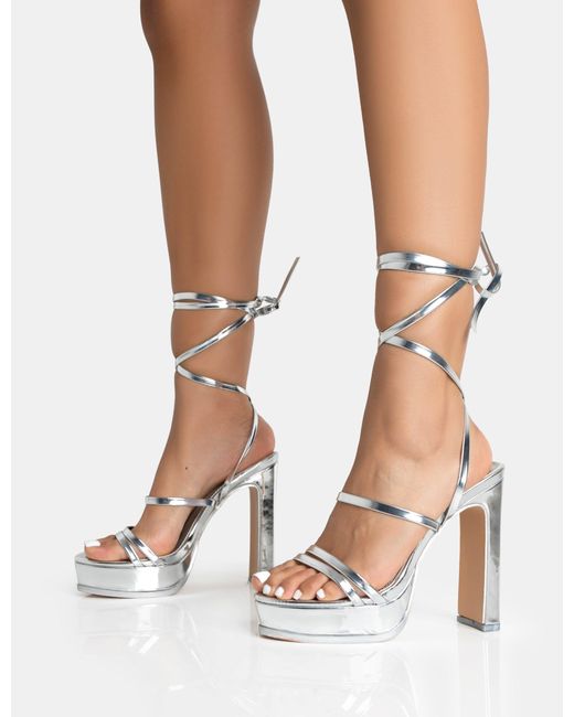 Public Desire White Gimme Gimme Silver Pu Strappy Lace Up Block Heels