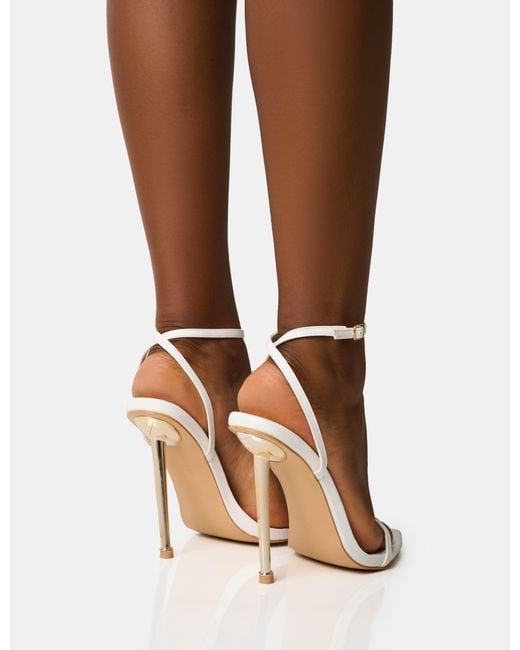 Public Desire Brown Legacy White Barely There Pointed Toe Gold Stiletto Heels