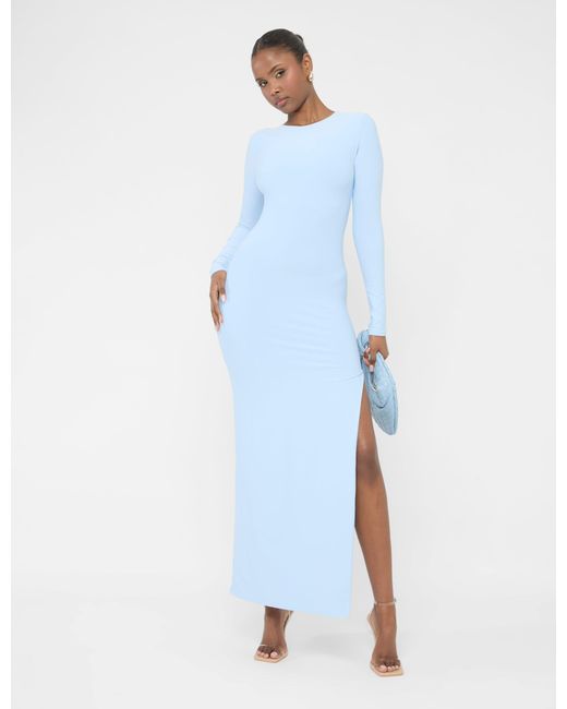 Public Desire Long Sleeve Side Leg Split Luxe Slinky Maxi Dress Blue