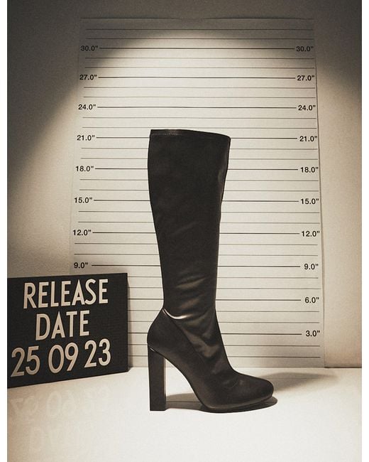 Public Desire Multicolor Christina Black Pu Pointed Toe Block Heel Knee High Boots