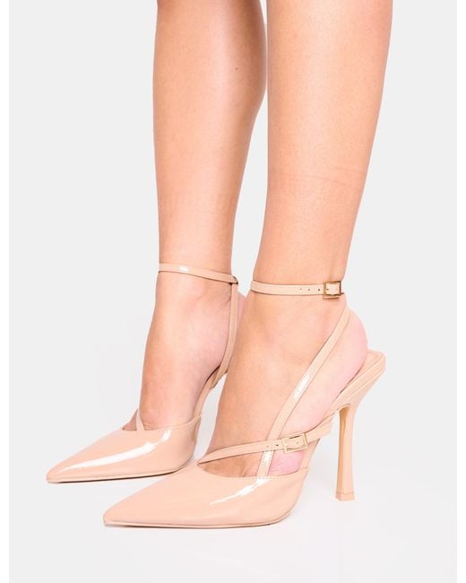 Public Desire Pink Idol Nude Patent Buckle Strappy Detail Stiletto Pointed To Court High Heels
