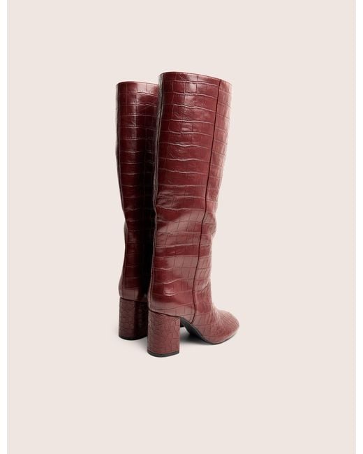 Public Desire Red Maison Burgundy Croc Pu Knee High Block Heeled Boots