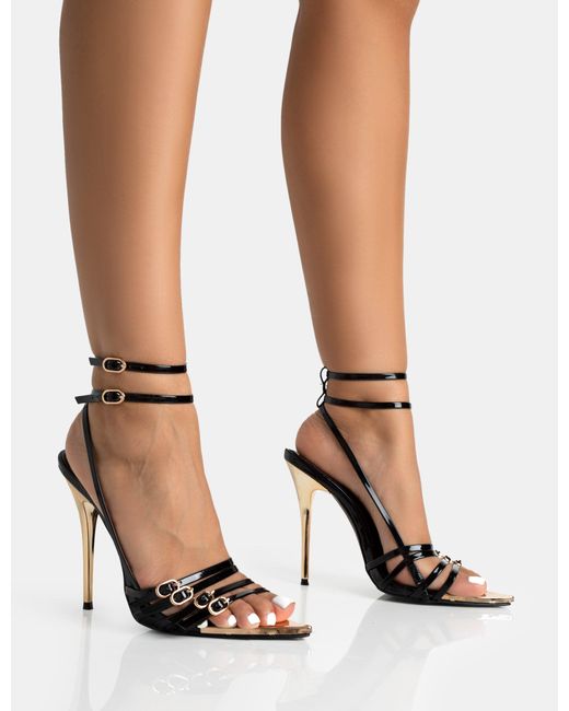 Public Desire Majesty Black Patent Buckles Wrap Around Pointed Toe Gold Stiletto Heel
