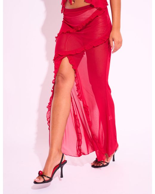 Public Desire Frill Detail Mesh Slit Maxi Skirt Co-ord Red