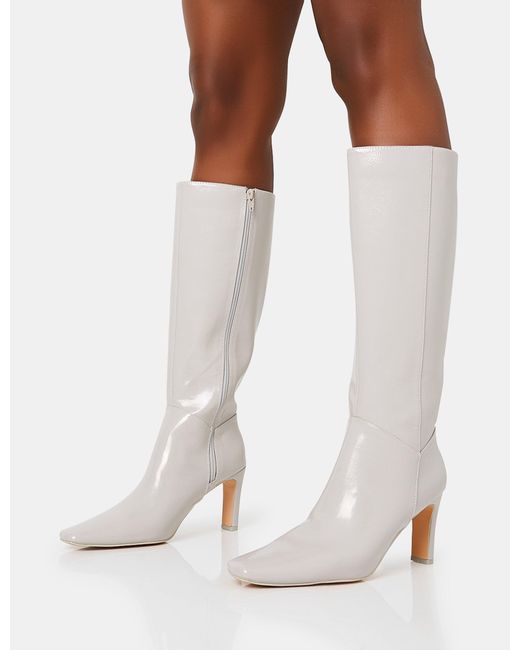 Public Desire White Pose Grey Textured Patent Pu Zip Up Knee High Slim Block Heeled Boots
