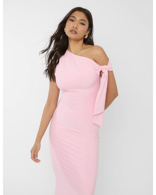 Public Desire Knot Detail Asymmetric One Shoulder Luxe Slinky Maxi Dress Soft Pink