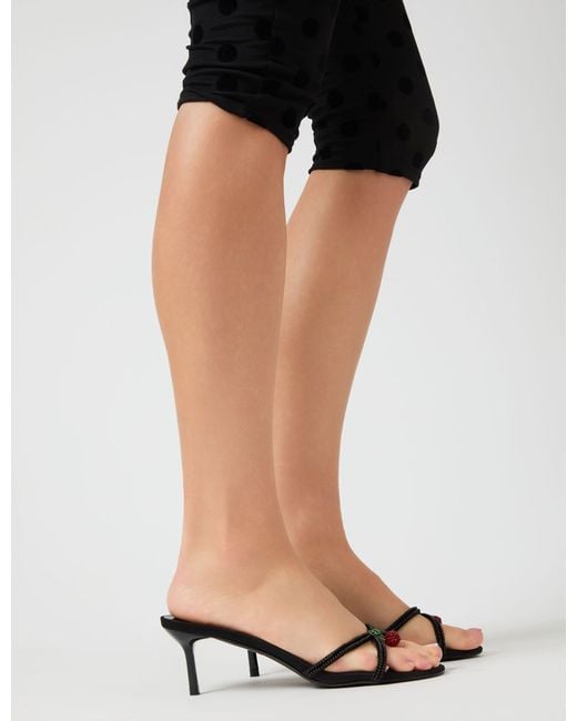 Public Desire Fructose Black Satin Beaded Cherry Charm Cross Over Mule Mid Heels
