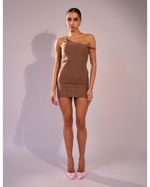 Public Desire Multicolor Distressed Twisted Off Shoulder Mini Dress Brown