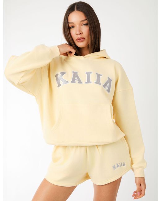 Public Desire Natural Kaiia Slogan Oversized Hoodie Soft Yellow & Grey
