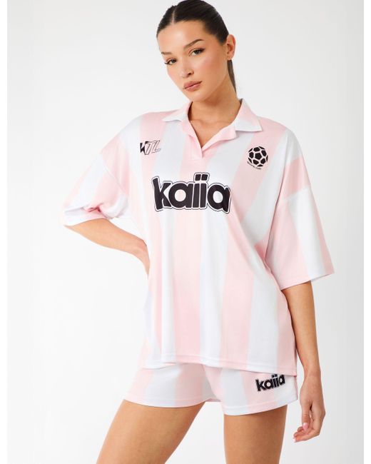 Public Desire White Kaiia Collared Oversized Football Shirt Pink Stripe