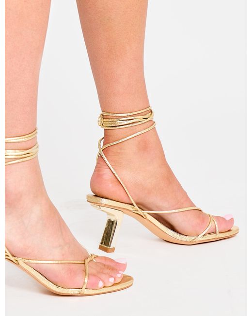 Public Desire Pink Birdie Gold Cracked Pu Lace Up Mid Heels