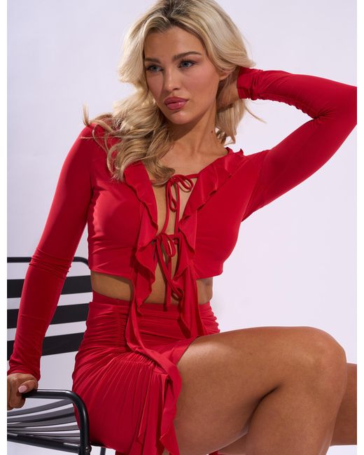Public Desire Frill Detail Tie Front Cardigan Top Red