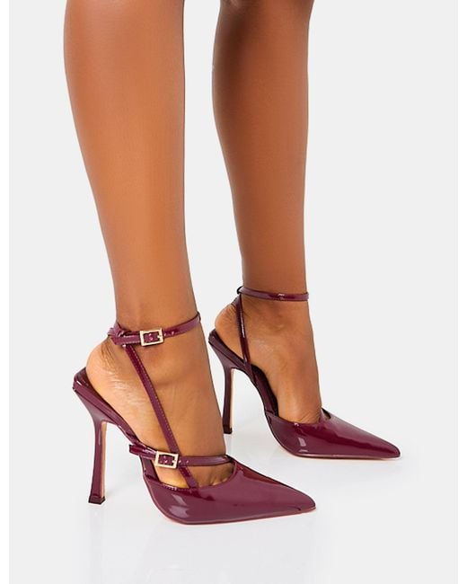 Public Desire Pink Idol Burgundy Patent Buckle Strappy Detail Stiletto Court High Heels