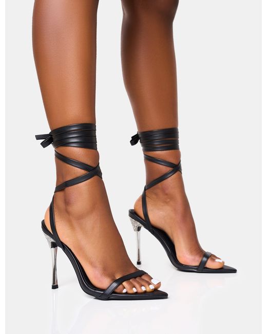 Public Desire Ultimate Black Lace Up Diamante Encrusted Pointed Toe Stiletto Heels