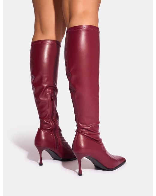 Public Desire Red Scorpion Burgundy Mid Heel Sock Knee High Boots