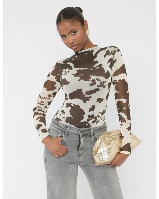 Public Desire Gray Long Sleeve High Neck Bodysuit Cow Print