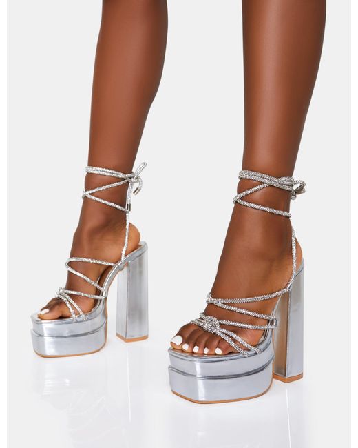 Public Desire Brown Glow Girl Silver Diamante Lace Up Platform High Heels