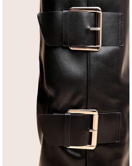 Public Desire River Black Double Buckle Detail Pu High Knee Boots