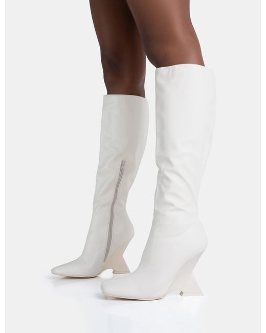 Public Desire White Vanessa Ecru Pu Inverted Wedge Square Toe Heeled Knee High Boots