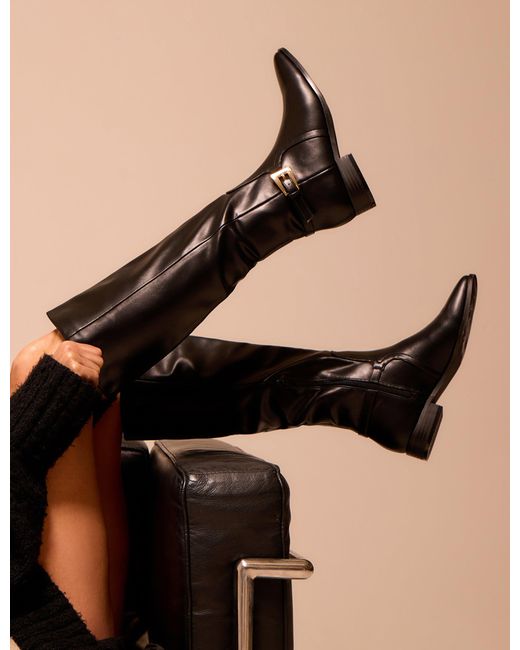 Public Desire Mackie Black Pu Buckle Detail Knee High Riding Boot