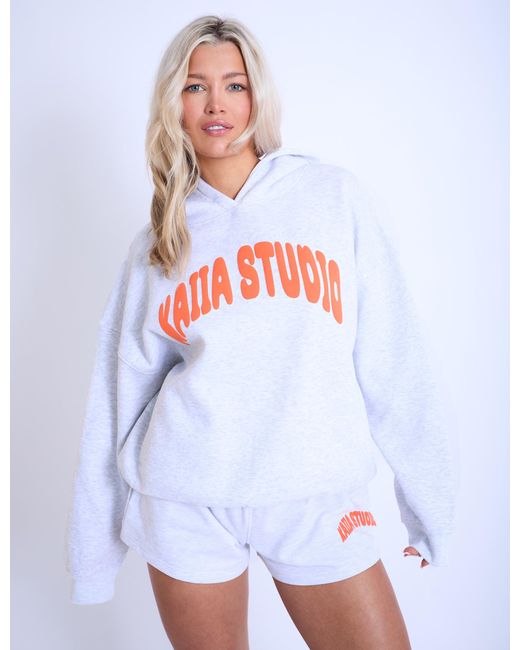 Public Desire White Kaiia Studio Bubble Logo Oversized Hoodie Light Grey Marl & Orange