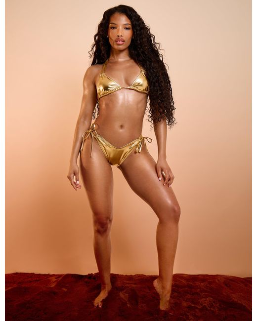 Public Desire Brown Foiled Bikini Bottom With Adjustable Sides Gold