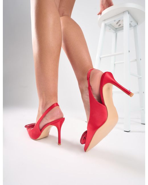 Public Desire Pink Floss Red Satin Diamante Embellished Sling Back Court Heels