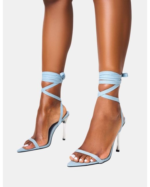 Public Desire White Ultimate Denim Lace Up Diamante Encrusted Pointed Toe Stiletto Heels