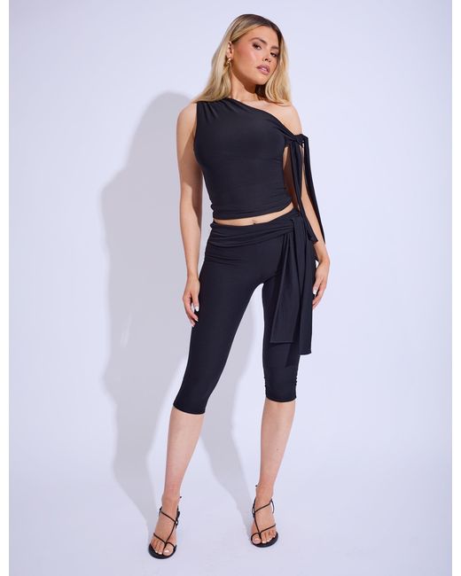 Public Desire Blue Knot Detail Tie Side Luxe Slinky Capri Pants Black