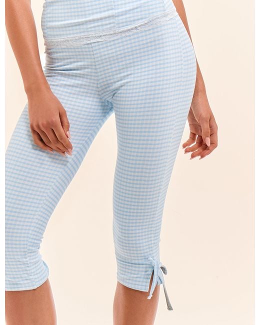Public Desire Natural Gingham Lace Trim Capri Pant With Bow Tie Blue And White