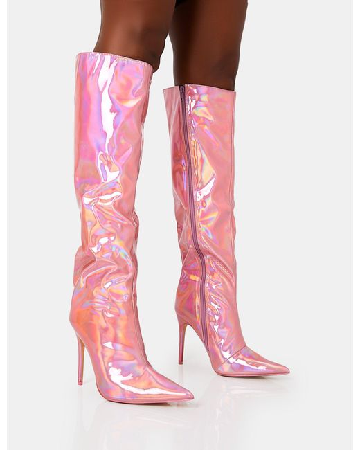 Public Desire Tai Wide Fit Pink Metallic Pointed Toe Stiletto Knee High Boots
