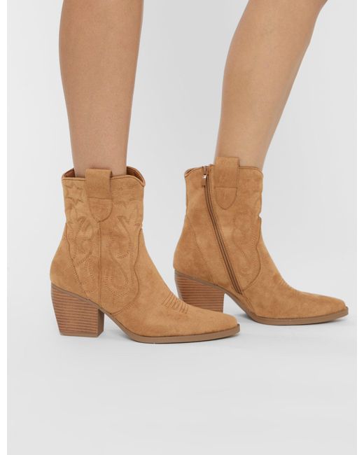 Public Desire White Wild West Tan Suedette Western Cowboy Low Ankle Boots