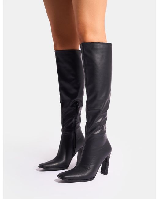 Public Desire Blue Acquilla Black Knee High Flared Heel Boots