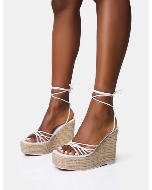 Public Desire Brown Heated White Strappy Lace Up Jute Wedges