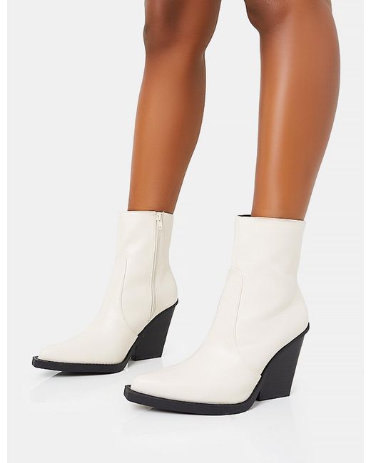 Public Desire Jessie White Pu Western Pointed Toe Black Contrast Sole Block Heeled Ankle Boots