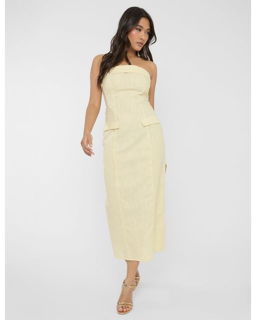 Public Desire Multicolor Linen Look Tailored Fold Over Bandeau Pocket Detail Midi Dress Yellow
