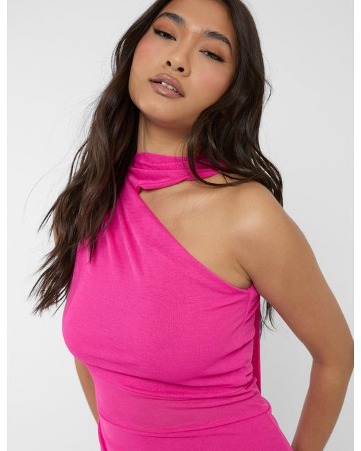 Public Desire Mesh Choker Detail Asymmetric Midaxi Dress Fuchsia Pink