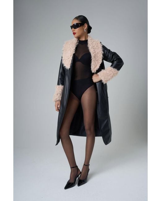 Public Desire Faux Fur Trim Belted Faux Leather Trench Coat Black