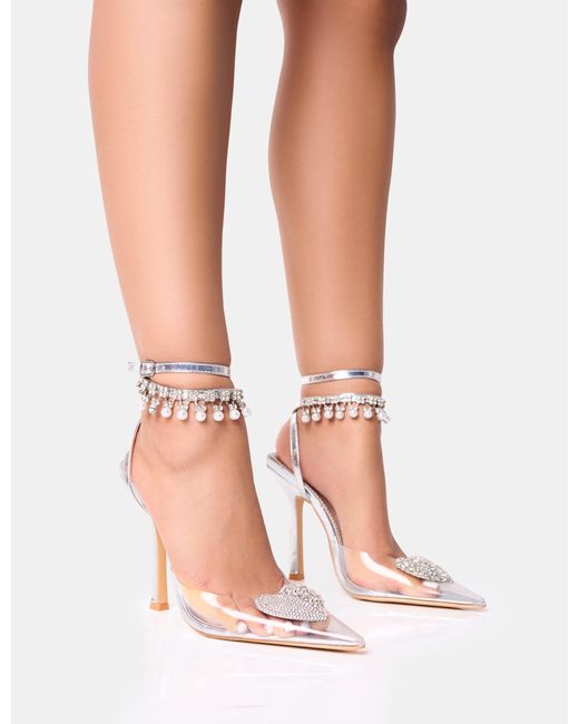 Public Desire Brown Blessing Wide Fit Silver Clear Perspex Diamante Heart Ankle Pearl Detailing Court Stiletto Heels