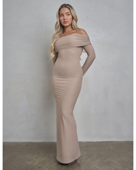Public Desire Gray Bardot Luxe Slinky Maxi Dress Latte