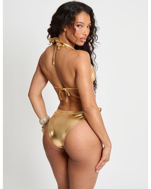 Public Desire Brown Foiled Bikini Bottom With Adjustable Sides Gold