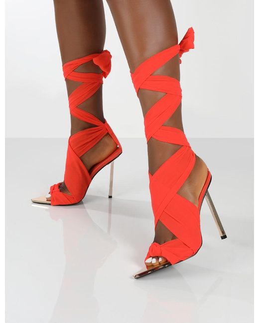 Public Desire Huni Red Ribbon Tie Up Gold Stiletto Heels | Lyst UK