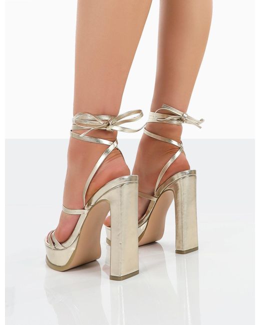 gold platform block heels